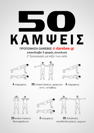 50 ΚΑΜΨΕΙΣ είναι μια γυμναστική στο σπίτι απο Darebee.GR που σας βοηθά να αυξήσετε την δύναμη στο επάνω σώμα και θα  καταφέρετε 50 push-ups σε μια προπόνηση 