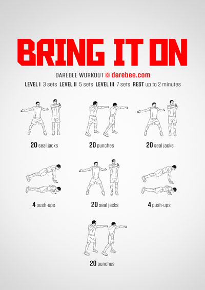 Bring It On is a Darebee home-fitness workout that uses upper-body focused dynamic movements to exercise virtually every muscle in the body.