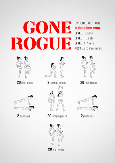 Gone Rogue is a Darebee no-equipment workout that will test your aerobic response, work your cardiovascular system, raise your body temperature and force your body to work hard.
