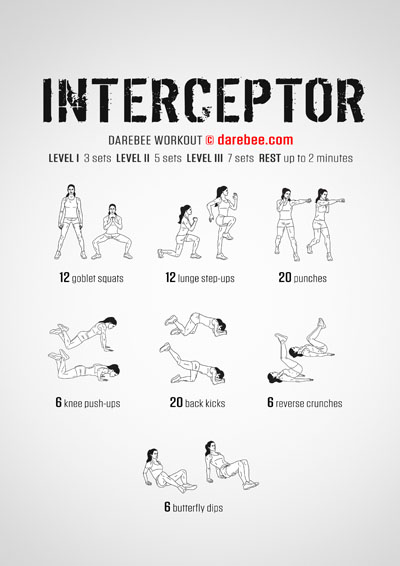 Interceptor is a Darebee no-equipment bodyweight, at-home strength and fitness workout. 