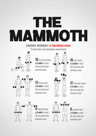 The Mammoth is a Darebee home-fitness dumbbells workout designed to help build or maintain muscle. Its emphasis on strength helps maintain good strong bones which, in turn, aid in maintaining brain health.