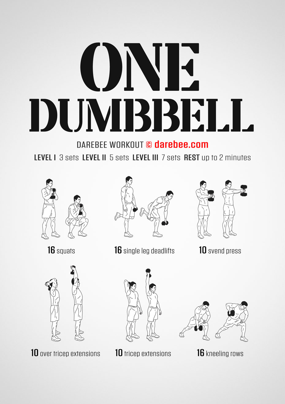 One Dumbbell is a Darebee home-fitness total body strength workout that needs next to no space to do. 