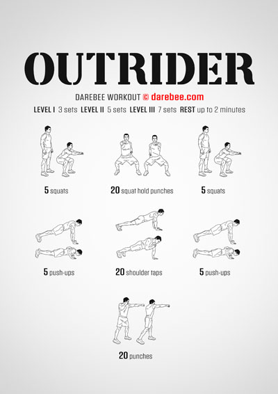 Outrider is a Darebee home-fitness workout that uses a combination of both dynamic and static exercises to raise your body temperature and improve your fitness level.