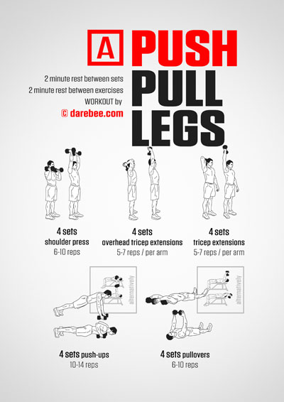 Darebee home fitness dumbbells Push, Pull, Legs strength workout. 