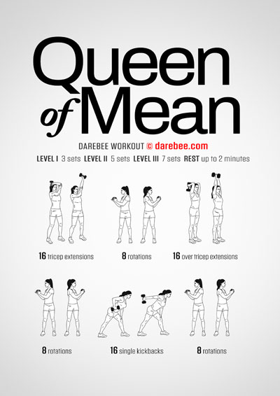 Queen Of Mean is a Darebee home-fitness, single dumbbell workout that works your upper body, at home. 