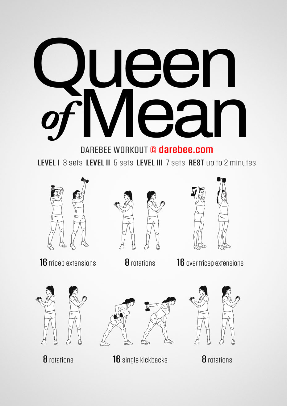 Queen Of Mean is a Darebee home-fitness, single dumbbell workout that works your upper body, at home. 