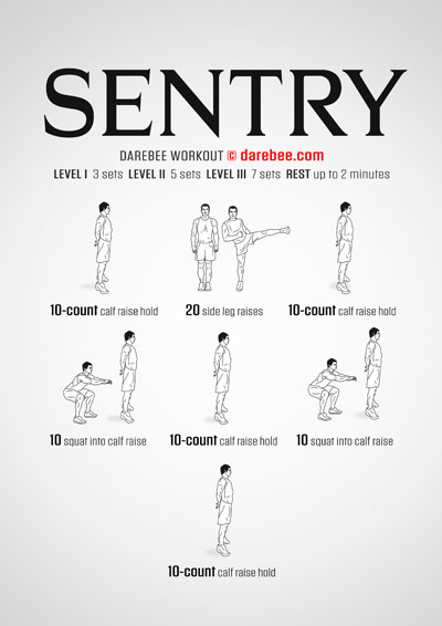 Sentry is the kind of lower body Darebee home-fitness workout that works the muscles, ligaments and tendons which then go on to make larger movements, more powerful.