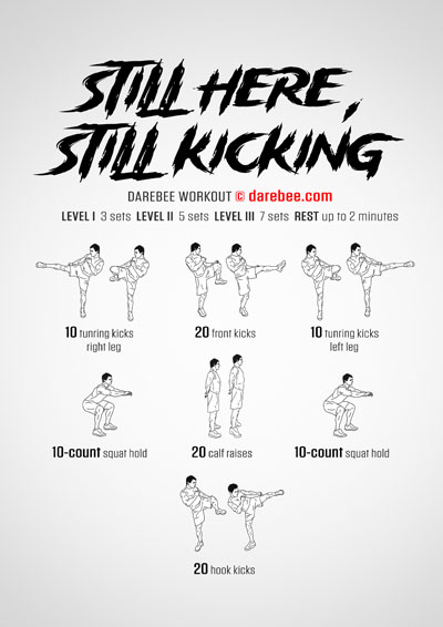 Still Here, Still Kicking is a Darebee home-fitness combat-moves based cardiovascular workout.