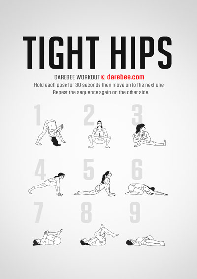 Tight Hips is a Darebee home-fitness workout that helps you improve flexibility on your hips and pelvic girdle which helps prevent injury and gives a greater sense of freedom when you move.
