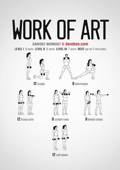 Work Of Art is a dumbbells-based Darebee home-fitness strength workout that works almost every major muscle group in the body enhancing strength and developing muscle tone.